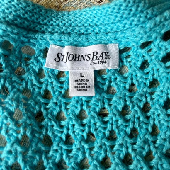 St Johns Bay Aqua Turquoise Cotton Ramie Pointelle Open Weave Cardigan L - Picture 4 of 8
